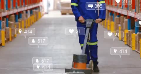 Worker Operating Floor Polisher with Social Media Metrics Visualization