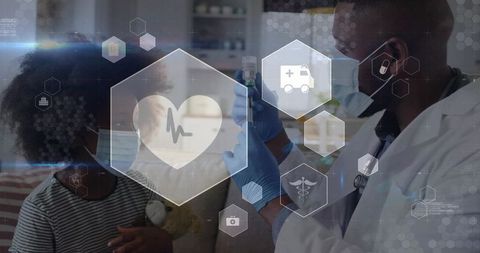 Pediatric clinician preparing vaccine for child patient wearing mask with medical tech overlay