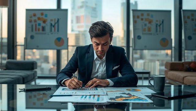 Executive analyst reviewing financial charts and reports at glass desk in modern city office