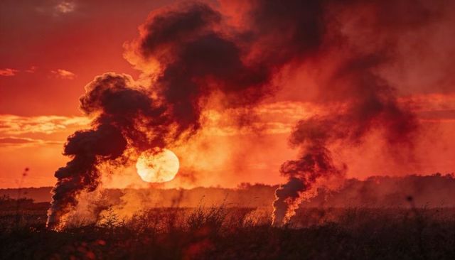 Wildfire smoke billowing across grassland at fiery sunset with glowing sun and red sky