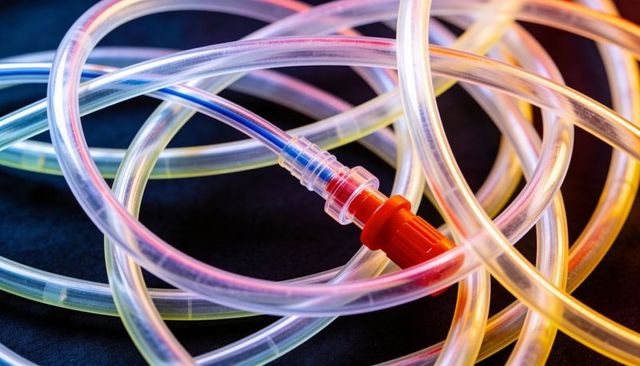 Clear flexible tubing loops with red connector catching iridescent multicolor rim light