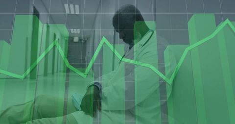 Fatigued doctor sitting in hospital with economic trends chart overlay