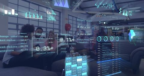 Financial Data Overlay on Business Meeting in Modern Office