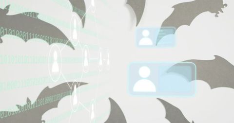 Shadow bats swarming network avatars with binary code overlay conveying cyber threats