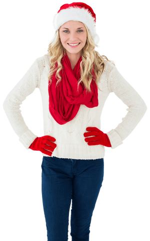 Happy Woman in Christmas Santa Hat on Transparent Background