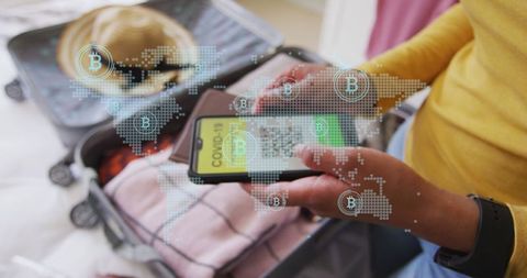 Woman Using Smartphone with Global Data Visualization