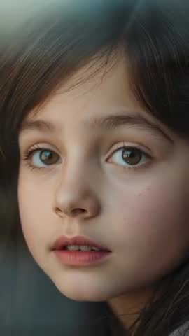 Closeup vertical video showing curious girl shifting gaze and tilting head