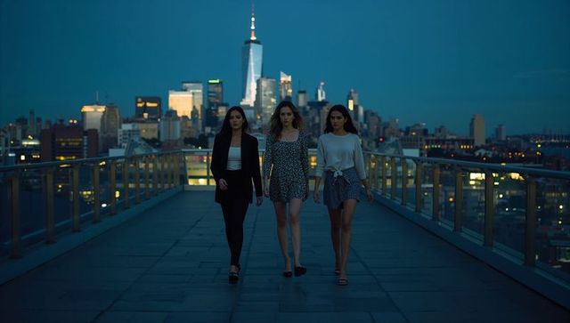 Three women walking rooftop at dusk with illuminated skyline and chic evening outfits