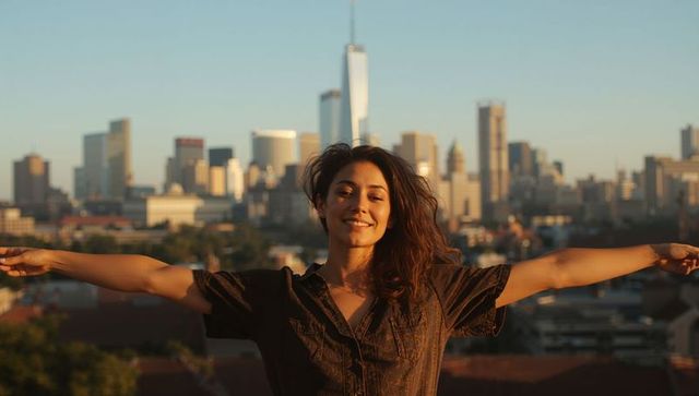 Woman embracing rooftop sunset with arms outstretched against urban skyline at golden hour