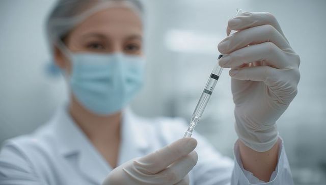 Nurse drawing vaccine from ampoule into syringe with gloved hands and mask closeup