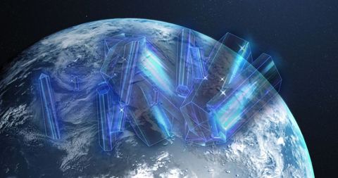 Futuristic prisms hovering above earth's atmosphere