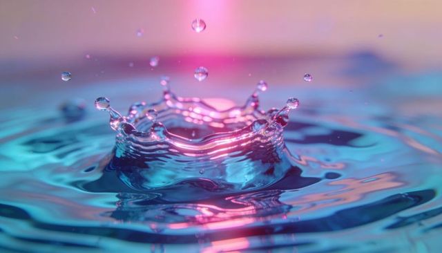 High-speed macro water crown splash with iridescent cyan magenta reflections neon glow