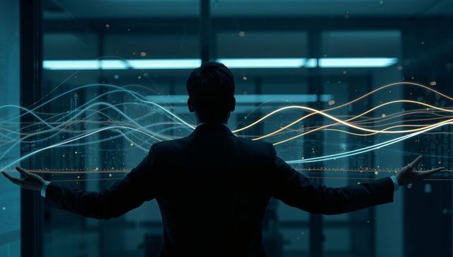 Executive studying holographic data waves over glass wall in high-tech boardroom