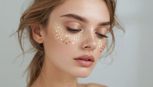Young woman wearing gold foil freckles and soft natural makeup, closeup beauty portrait