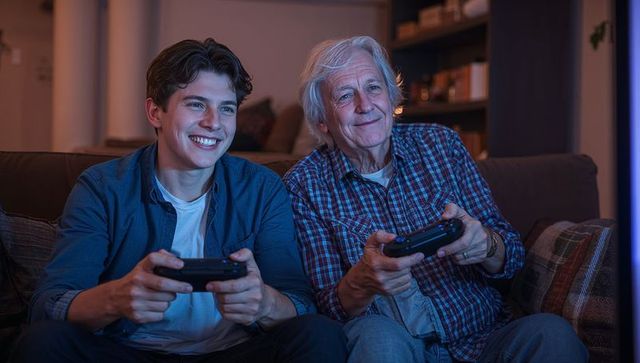 Grandfather and grandson gaming session in cozy living room