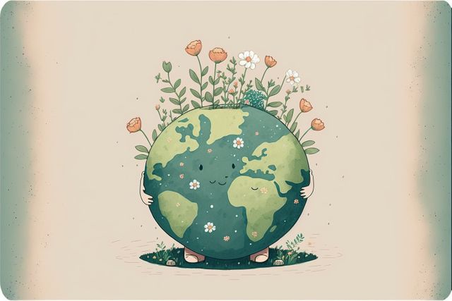 Happy globe with overgrowing flowers standing, created using generative ai technology. Earth day and ecology concept digitally generated image.
