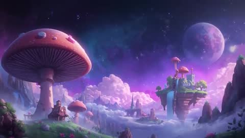 Mystical Floating Island with Waterfall and Giant Mushrooms at Night