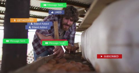 Farmer collecting fresh eggs with social media notifications overlay