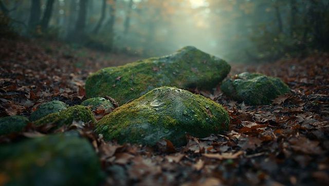 Moss-covered stones in misty forest with fallen leaves