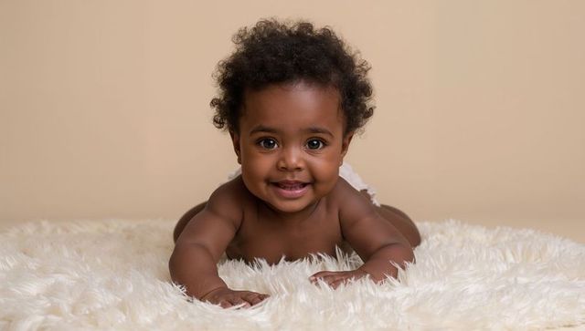 Smiling baby lifting head on plush faux-fur rug, crawling pose with ruffle diaper