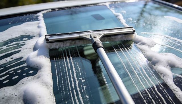 Handheld squeegee dragging soapy water across car windshield with foam ridges, car wash
