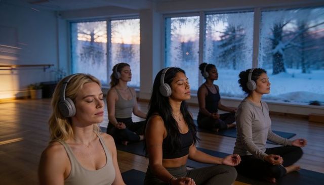 Women meditating with headphones during dusk yoga class in serene studio with snowy view