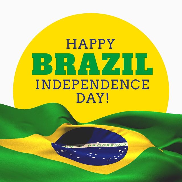 Illustration featuring 'Happy Brazil Independence Day' text overlay with the Brazilian flag and a yellow sun in the background. Ideal for use in holiday promotions, social media posts, and festive decorations celebrating Brazil's Independence Day.