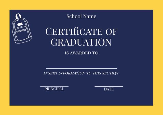 Editable Certificate of Graduation Template with School Backpack Outline Design - Download Free Stock Templates Pikwizard.com