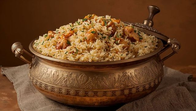 Ornate brass serving bowl presenting chicken pulao rice garnished with fresh herbs