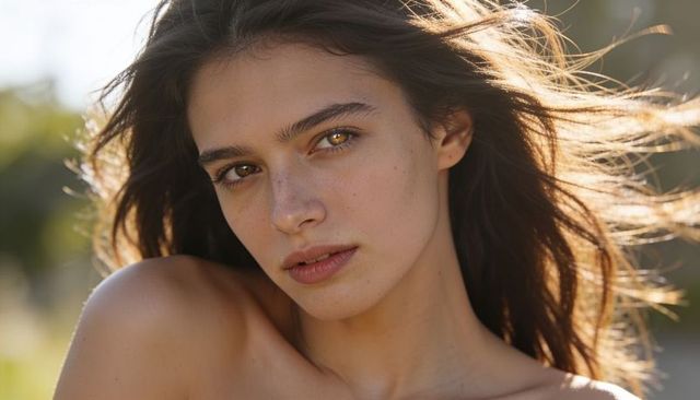 Sunlit freckled woman closeup portrait with backlit hair and bare-shoulder glow