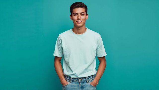 Young man standing confidently in mint t-shirt and jeans on teal background for fashion lifestyle