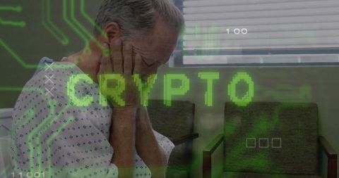 Elderly patient experiencing anxiety amidst crypto technology concept