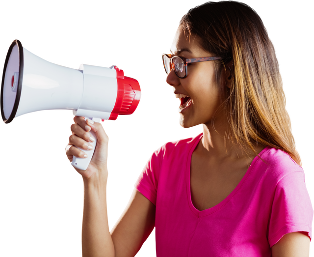 Transparent Background of Woman Shouting in Megaphone Wearing Pink Shirt - Download Free Stock Videos Pikwizard.com