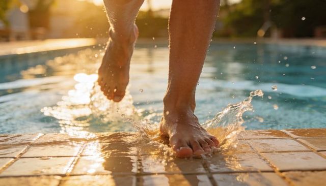 Sunlit bare feet splashing on terracotta pool tiles at golden hour