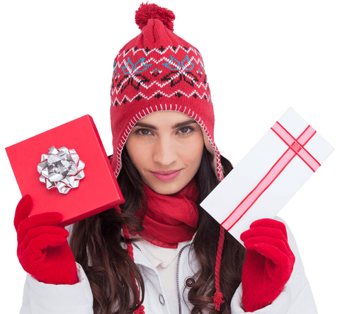 Woman holding holiday gifts in transparent festive attire