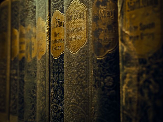 Row of vintage hardcover books with ornate designs on spine. Ideal for use in content related to literature, history, classic libraries, or reading culture. Suitable for websites, blogs, and educational materials.