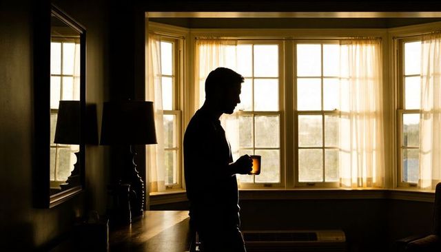Silhouette man standing by bay window holding mug warm morning light contemplative solitude