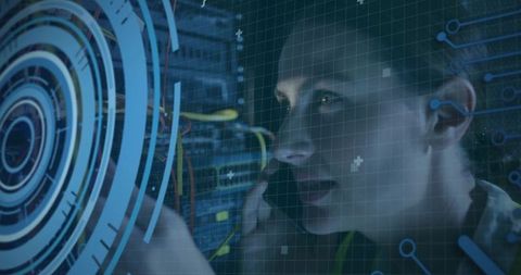 Female Technician Adjusting Network Patch Cables Wearing Hi-Vis Strap Using AR HUD