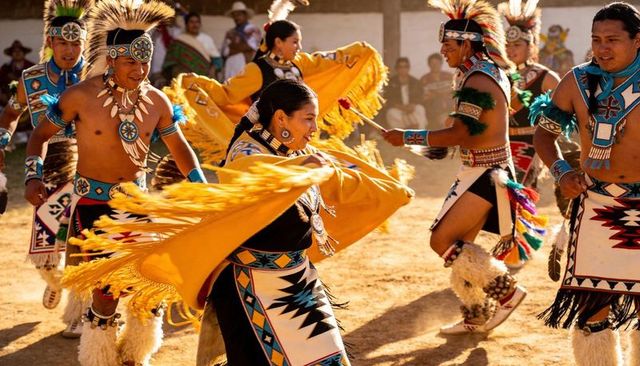 Native american powwow dancers spinning woman in yellow fringed shawl sunlit circle
