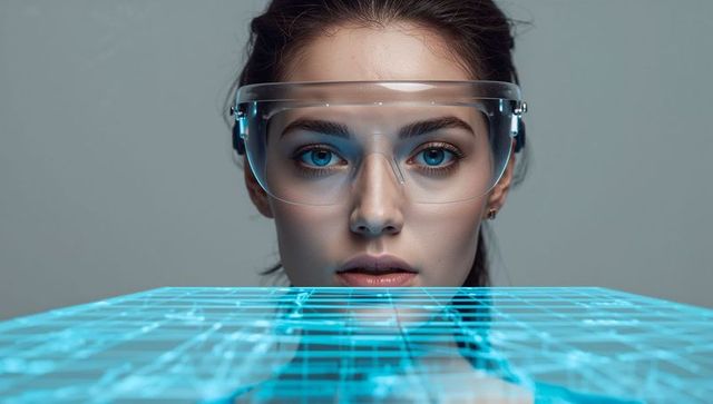 Female engineer wearing protective goggles exploring blue holographic grid interface