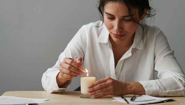 Woman lighting candle at desk creating calm focus for work and mindfulness moments