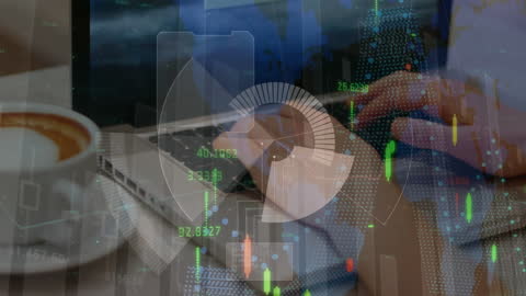 Hands Typing on Laptop Overlaid with Financial Charts and Data