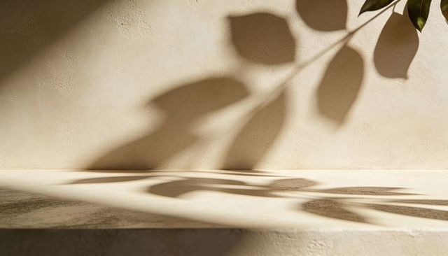 Warm sunlight casting leaf shadows on beige plaster ledge for minimal interior styling