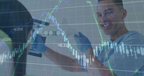 Dentist presenting digital radiograph with financial-style data charts for consultation