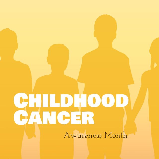 Illustration of childhood cancer awareness month text and children standing against beige background. Copy space, cancer, gold, yellow, disease, awareness, support, healthcare, prevention concept.