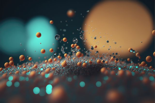 This abstract image features floating particles suspended in space, set against a blurry backdrop of colorful bokeh lights in teal and orange hues. It is perfect for use in backgrounds for design projects, presentations on technology, science articles, or innovative marketing campaigns. The dynamic feel conveys movement and energy, making it suitable for creative and futuristic themes.