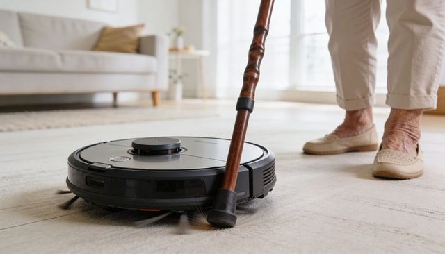 Robot vacuum navigating near cane and senior slippers in bright minimal living room