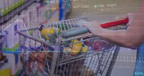 Shopper Navigating Grocery Store with Digital Data Overlay