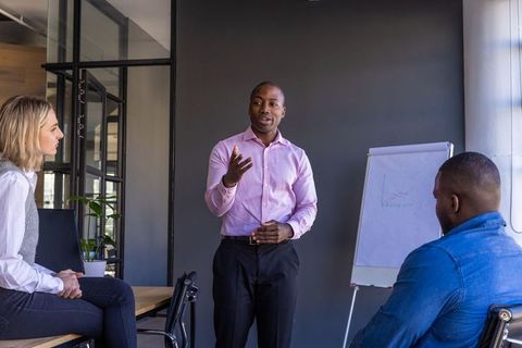 Presenter Explaining Graph to Diverse Coworkers in Office Meeting