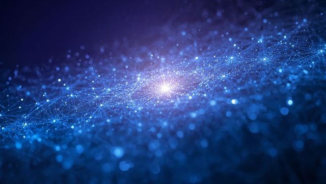 Glowing neural network hub connecting blue digital mesh with radiant core